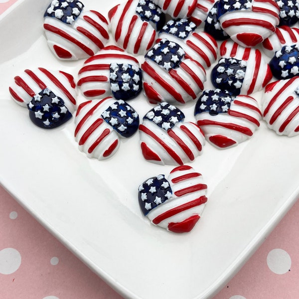 4 Cute 4th of July heart Flag Cabochons, Patriotic Cabochons, Flat-backed Cute Red White and Blue Cabs, #458
