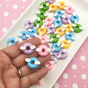 6 Multicolor Pastel Resin 18mm Flatbacked Chibi Wing Donut Cabochons, Flat Backed Acrylic Plastic Doughnut Cabs #773a