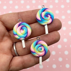 3 Small Pastel Polymer Clay Flatbacked Lollipop Charm Fake Candy, Flat Backed Lollypop Pendants 1581