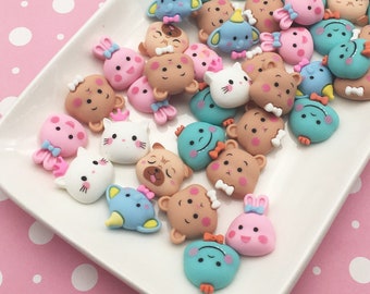 6 Cabochon in resina con retro piatto a forma di animale Kawaii, Decoden Kitty Cat, Elephant, Bunny Rabbit, Bear, Cabs 609B