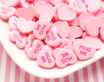 6 Hug Me Conversation Heart Resin Cabochons, Valentines Day Cabs, Heart Cabochons, Resin Embellishments #1539