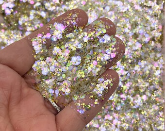 Polvo de hadas AB dorado y lavanda iridiscente, purpurina resistente a disolventes, formas surtidas. Elige la cantidad que prefieras. Mezcla para mezclar. Purpurina Kawaii F828