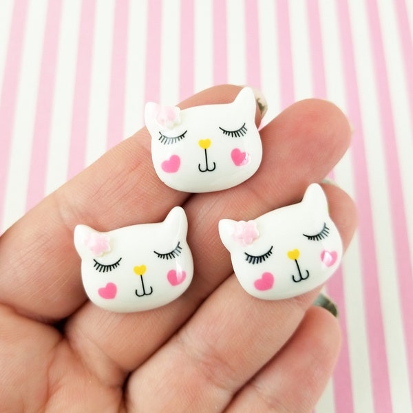 5 Kawaii Blushing Cat Cabochons with Bows, Flat Backed Cabochons, Kawaii Kitty Cat Cabs #1072a