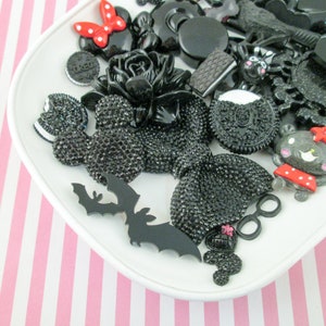 10 Black Assorted Flatbacked Resin Cabochon Mix, Flat Backed Acrylic Plastic Cabs F675