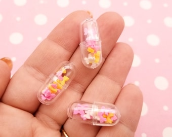 10 Polymer Clay Bow Sprinkle Filled Valentines Day 24mm Clear Pill Capsule Cabochons, Plastic Write Your Own Message Happy Pills, #1231a