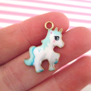 Two 23mm Cute Kawaii Pastel Blue Gold Enamel Unicorn Horse Pendant Charms #596