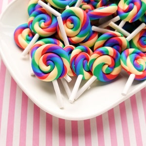 3 Rainbow Polymer Clay Lollipop Cabochons Fake Candy, #1591b