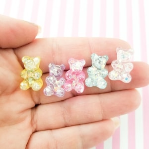6 Multicolor Iridescent Foil Gummy Bear Cabochons, 21x11x8mm Hard Resin #712