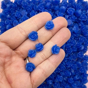 12 Dark Blue 10mm rose flower flat backed cabochons, flatbacked floral resin cabs