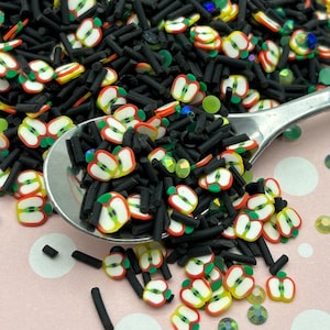 GIFTIGER APFEL Schwarze Scheiben mit Strass Polymer Clay Fake Sprinkle Mix, Halloween Fake Backen, Dekoden Fimo Tischstreubild Konfetti V155