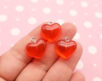 6 Translucent Red Heart Charms, Hard Resin, Valentines day cabs, Kawaii Cabochons,  Cute Jelly Decoden Fruit heart Sweets Charms, #1103A