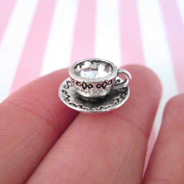 4 Tiny Silver Plated Tea Cup Cabochons, Miniature teacup and saucer for dollhouses and crafts, #DH73