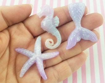 6 Piece Assorted Glittery Sea Themed Starfish, Seahorse  and Mermaid Tail Cabochons, Glitter Seashells #301