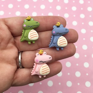5 Assorted Color 26mm Flatbacked Resin Dinosaur Cabochons, Dino T-Rex Kawaii Flat Backed Acrylic Plastic Cabs, Alligator Cabochons, #151