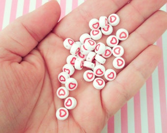 100 Flat Round 6mm Red and White Resin Heart Outline Beads, Acrylic Plastic Symbol Beading Supplies J29