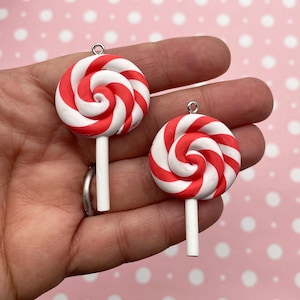3 Weihnachten Rot und Weiß Polymer Clay Fake Backen Mint Lollipop Charms, Candy X-mas Anhänger, Holliday Xmas Cabochons, #1593