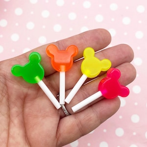 4 Neon Multicolor Resin Flat Backed Fake Bake Candy Mouse Ear Sucker Lollipop Cabochons, 37mm Flatbacked Acrylic Plastic Lollypop Cabs, 1039