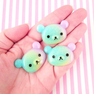 3 Multicolor Pastel Flatbacked Resin Glitter Bear Cabochons, Flat Backed Glittery Acrylic Plastic Cabs #931