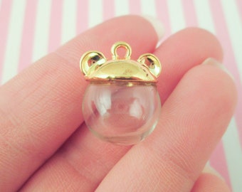 Four Gold Plated Kawaii Bear Ear Cap, Fillable Glass Dome Terrarium Pendant Charm sets, Pick your globe size F403