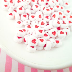 100 Red and White Round Acrylic Plastic Heart Beads, Resin Symbol Beads J31