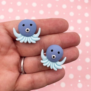 6 Baby Two Tone 25mm or 1 Inch Blue Octopus Flat Backed Resin Squid Cabochons, Cute Kawaii Flatbacked Acrylic Plastic Ocean Cabs, #1165