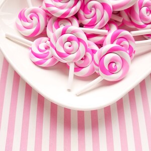 3 Pink Polymer Clay Lollipop Cabochons Fake Candy, #1588