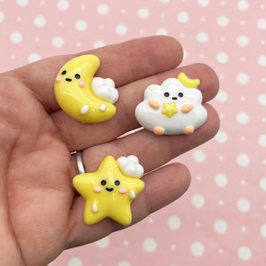 3 Cute White Yellow Kawaii Flatbacked Resin Moon Cloud Star Cabochons, Flat Backed Acrylic Plastic Cabs 832