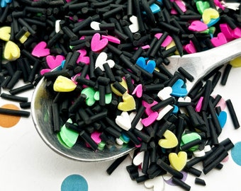 BLACK LIGHT LOVE with neon hearts Polymer Clay Fake Sprinkles, Valentines Day Decoden Funfetti Jimmies E121