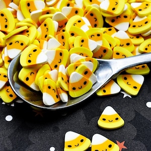 Larger Kawaii Smiling CANDY CORN Halloween Orange Candy Corn Sprinkle Slices, Polymer Clay Fake Bake Fimo Table Scatter Confetti Slices N140