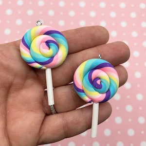 3 Pastel Polymer Clay Flatbacked Lollipop Pendants,  Fake Bake Lollypop Candy Flat Backed Fimo Charms 1580b