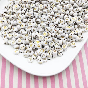 100 Gold and White 7mm Alphabet Beads, Acrylic Metallic Letter Beads J9