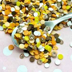 May include: A variety of colorful sprinkles in orange, yellow, brown, and white. The sprinkles are shaped like circles, hearts, and pumpkins. They are scattered on a pink surface with white polka dots.