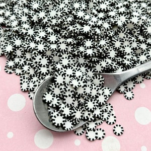 May include: A large pile of black and white round sprinkles with a white background. The sprinkles have a black and white striped pattern. A silver spoon is partially submerged in the sprinkles.
