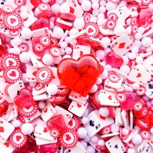 Poker Face Valentine Pearl Polymer Clay Sprinkle Mix with 1 Heart Cab, Fake Bake Fimo Table Scatter Tumbler Shaker Fill Slime Supply, V13