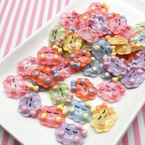 6 Multicolor 25mm or 1 Inch Pastel Glittery Resin Flatbacked Happy Cloud Cabochons, Kawaii Flat Backed Glitter Acrylic Plastic Cabs 956b