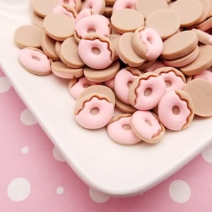 8 Miniature Strawberry 18mm Flatbacked Resin Pink Frosted Donut Cabochons, Flat Backed Acrylic Plastic Decoden Donut Cabs, #279B