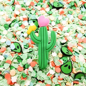 Puede incluir: Cactus verde con una flor rosa y una flor amarilla en la parte superior, rodeado de espolvoreos verdes, blancos, azules y naranjas.