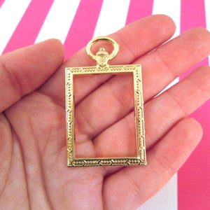 2 Gold Plated 52mm Rectangle Pendant Pocket Watch Pendant, DIY Open Bezel Rectangular Trays for Resin and Pressed Flower Jewelry F147