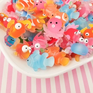 6 Assorted Color and Shape Matte Flatbacked Acrylic Plastic Fish Cabochons, Flat Backed Resin Ocean Creatures, Nautical Cabs, #315
