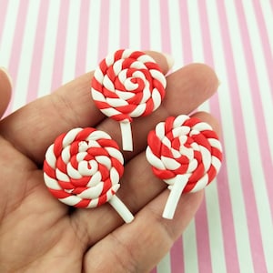 3 Rot + Weiße Weihnachts Polymer Clay Cabochons mit flacher Rückseite Lollipop Candy Cabochons 1580a
