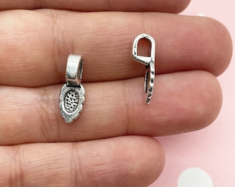 20 Small Silver Leaf Pendant Bails, Glue On Flat Charm Pad Jewelry Findings, B139