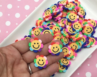 10 grandes tranches florales smiley arc-en-ciel en pâte polymère, fausses fleurs groovy, 325a