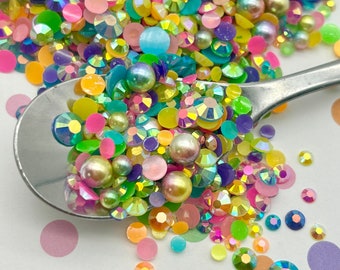 Caleidoscópio Acrílico Plástico Caviar Rodada Pérola e Mistura de Strass de Fundo Plano, Cabochões de Resina de Fundo Plano, Mistura de Polvilho, Decoden E111