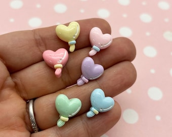 12 Pastel Heart Flatbacked Balloon Cabochons, Cute Flat Backed Kawaii Party Cabs, 422