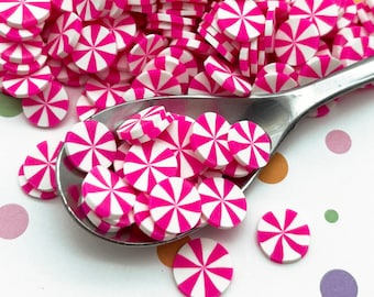 10mm Hot Pink Peppermint Polymer Clay NON EDIBLE Sprinkles, Larger Size, Dessert Nail Art Slices, Miniature Faux Mint Candy, R56