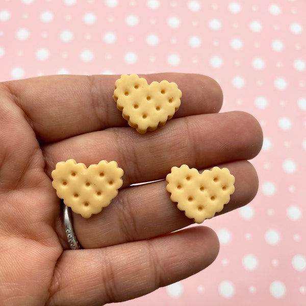 6 Miniature Heart Biscuit Cookie Breakfast Cabochons, Strawberry Heart Crackers, Valentines Day Cabochon, Flat Backed Cabs #1647b