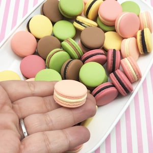 Peut inclure: Une collection de macarons colorés dans différentes nuances de rose, vert, jaune et marron. Les macarons sont disposés sur une assiette blanche à rayures roses et blanches.