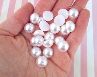 40 WHITE 12mm round flatbacked acrylic plastic pearl cabochon,  flat backed resin pearly cabs