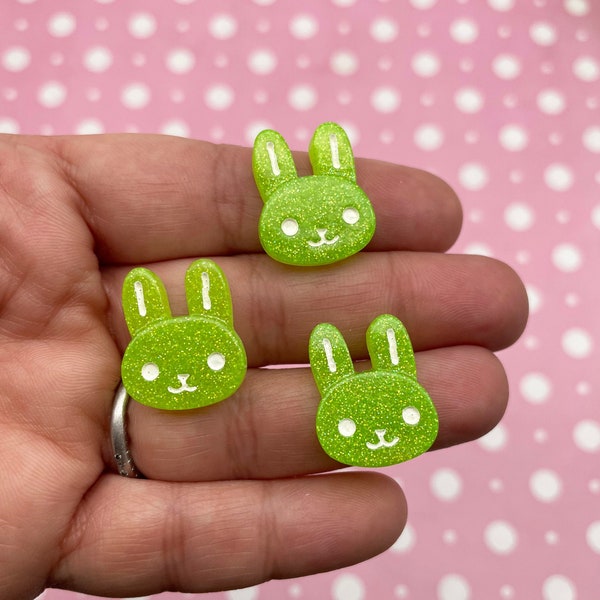 8 Lime Green Glitter Bunny Cabochons, #1347