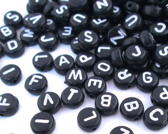 100 Black and White Alphabet Beads, Acrylic Hot Letter Mix, J2